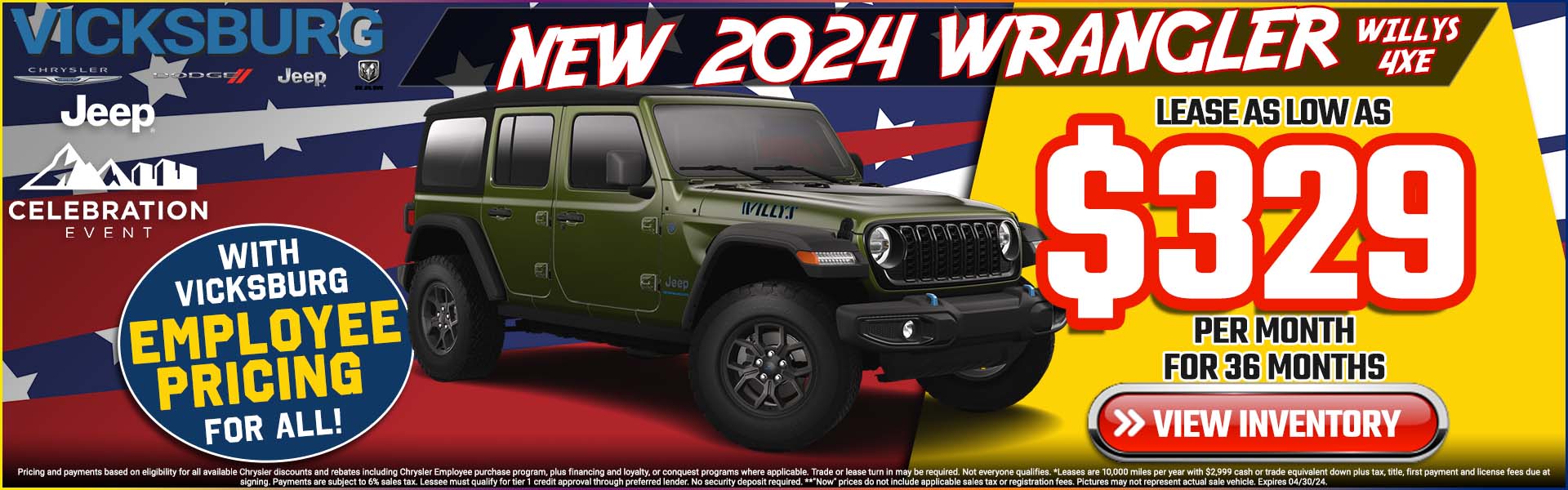  2024 Jeep Wrangler Willys 4xe $329 per month for 36 months 