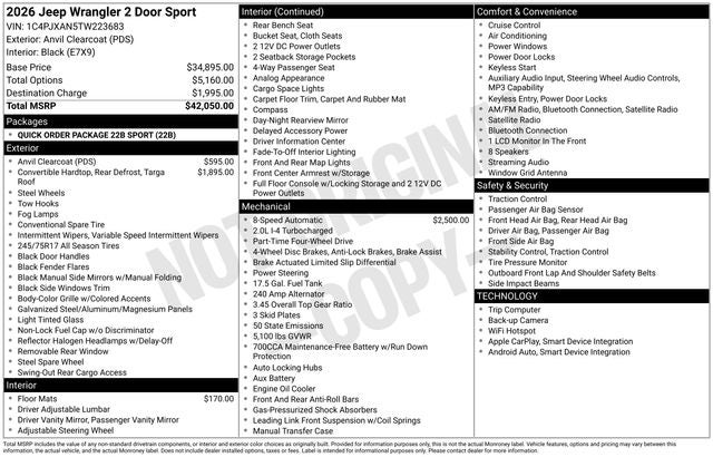 2026 Jeep Wrangler WRANGLER 2-DOOR SPORT