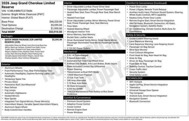 2026 Jeep Grand Cherokee GRAND CHEROKEE LIMITED RESERVE 4X4