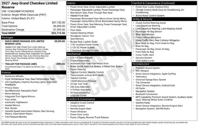 2027 Jeep Grand Cherokee GRAND CHEROKEE LIMITED RESERVE 4X4