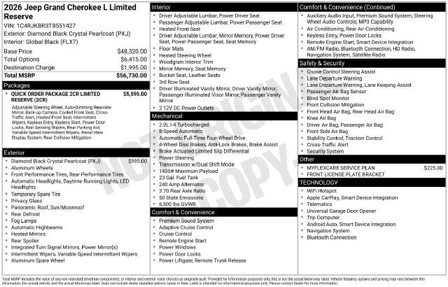 2026 Jeep Grand Cherokee L GRAND CHEROKEE L LIMITED RESERVE 4X4