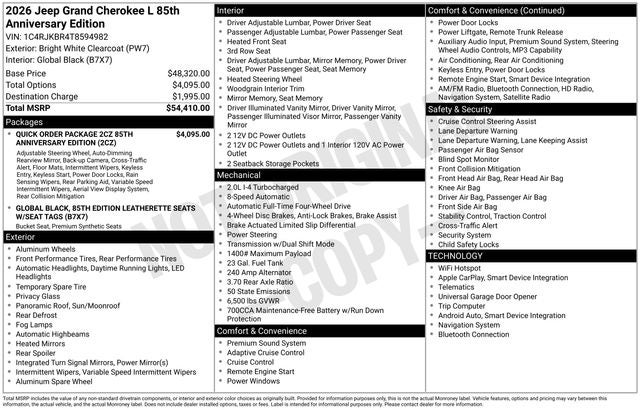 2026 Jeep Grand Cherokee GRAND CHEROKEE L 85TH ANNIVERSARY EDITION 4X4