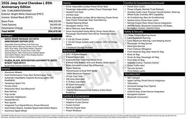 2026 Jeep Grand Cherokee GRAND CHEROKEE L 85TH ANNIVERSARY EDITION 4X4