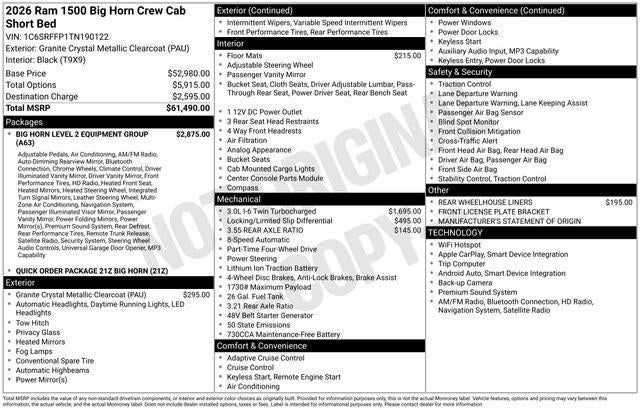 2026 RAM Ram 1500 RAM 1500 BIG HORN CREW CAB 4X4 5'7' BOX