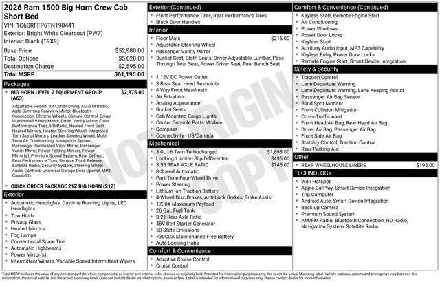 2026 RAM Ram 1500 RAM 1500 BIG HORN CREW CAB 4X4 5'7' BOX