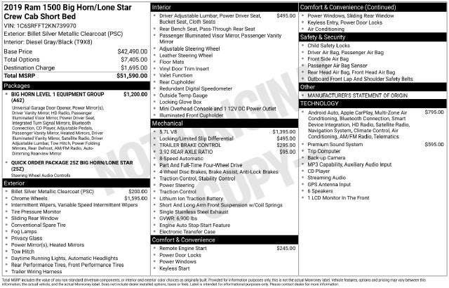 2019 RAM 1500 Big Horn/Lone Star Crew Cab 4x4 5'7' Box