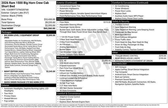 2026 RAM Ram 1500 RAM 1500 BIG HORN CREW CAB 4X4 5'7' BOX