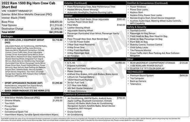 2022 RAM 1500 Big Horn Crew Cab 4x4 5'7' Box