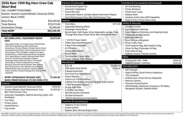 2026 RAM Ram 1500 RAM 1500 BIG HORN CREW CAB 4X4 5'7' BOX