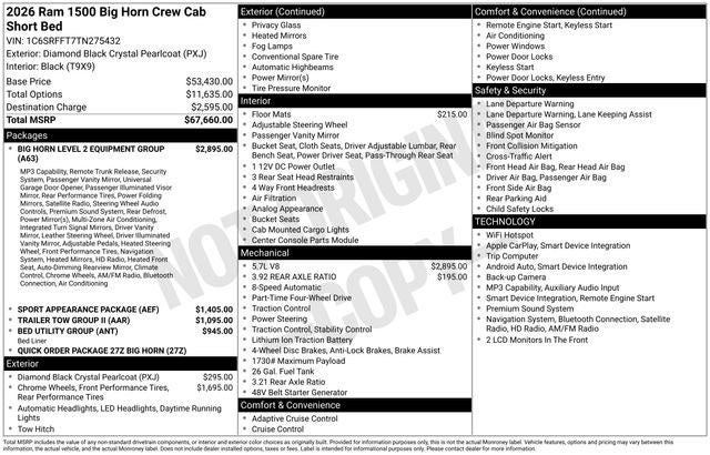 2026 RAM Ram 1500 RAM 1500 BIG HORN CREW CAB 4X4 5'7' BOX