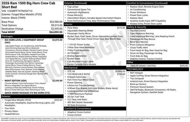 2026 RAM Ram 1500 RAM 1500 BIG HORN CREW CAB 4X4 5'7' BOX