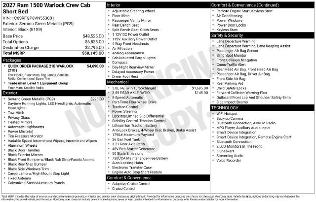 2027 RAM 1500 RAM 1500 WARLOCK CREW CAB 4X4 5'7' BOX