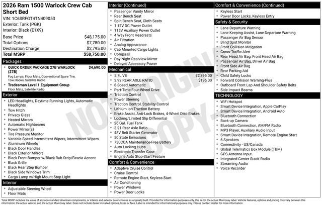 2026 RAM 1500 RAM 1500 WARLOCK CREW CAB 4X4 5'7' BOX