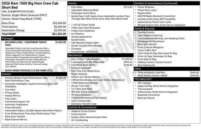 2026 RAM Ram 1500 RAM 1500 BIG HORN CREW CAB 4X4 5'7' BOX