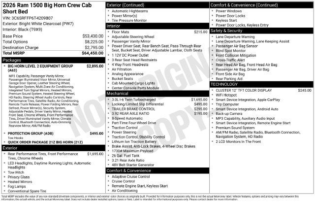 2026 RAM 1500 RAM 1500 BIG HORN CREW CAB 4X4 5'7' BOX
