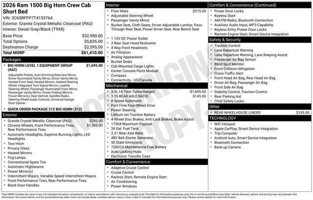 2026 RAM Ram 1500 RAM 1500 BIG HORN CREW CAB 4X4 5'7' BOX