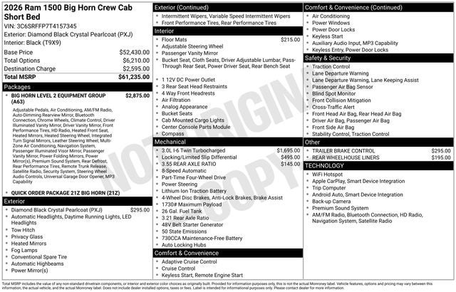 2026 RAM Ram 1500 RAM 1500 BIG HORN CREW CAB 4X4 5'7' BOX