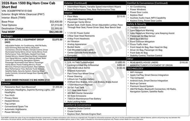 2026 RAM Ram 1500 RAM 1500 BIG HORN CREW CAB 4X4 5'7' BOX