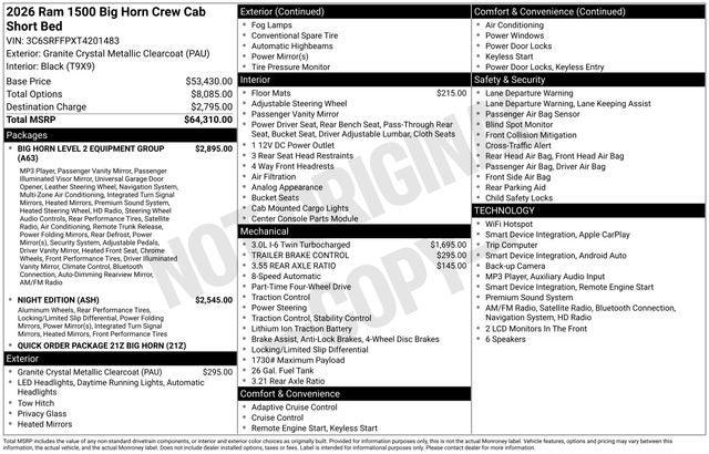 2026 RAM 1500 RAM 1500 BIG HORN CREW CAB 4X4 5'7' BOX