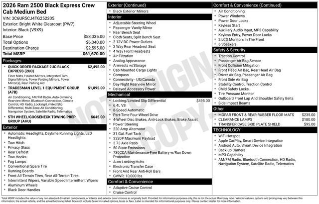 2026 RAM Ram 2500 RAM 2500 BLACK EXPRESS CREW CAB 4X4 6'4' BOX