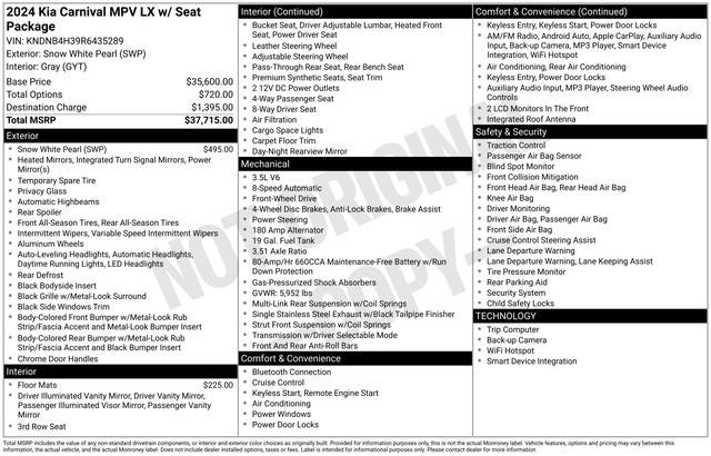 2024 Kia Carnival MPV LX Seat Package
