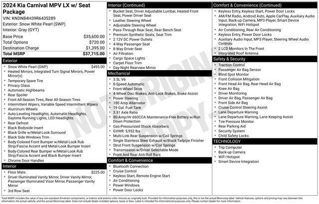 2024 Kia Carnival MPV LX Seat Package